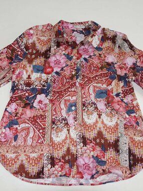 Chico's Women's Paisley Print No Iron Chic Stretch Blouse 3/4 Sleeves Cotton Top